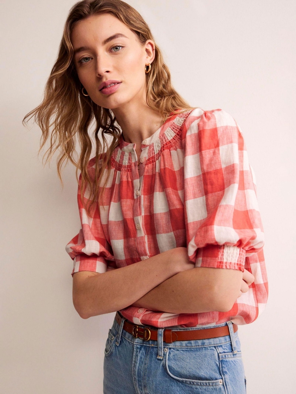Boden Ada Checked Linen Coral & White Gingham Smocked Button-Up Top